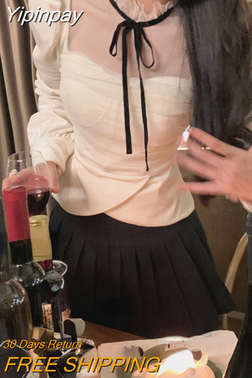 Yipinpay Color Elegant Lace Blouse Office Lady 2023 Autumn Long Sleeve Vintage Tops Woman Deisgn Causal Korean Fashion Y2k Clothing